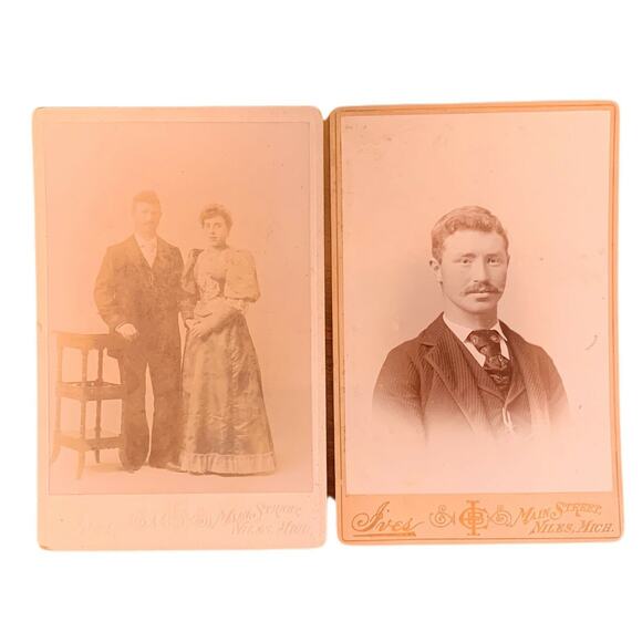 Atq Photo Cabinet Cards Set Handsome Couple Well Dressed Sepia BW Ives Niles MI - Picture 1 of 5
